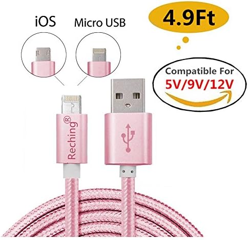 RECHING 2 in 1 8Pin+Micro USB Charger Sync High Speed Data Cable Lightning Cable for iPhone Samsung with 4.9Feet(1.5Meters) Nylon Braided Compatible For 5V/9V/12V Charger (Pink)