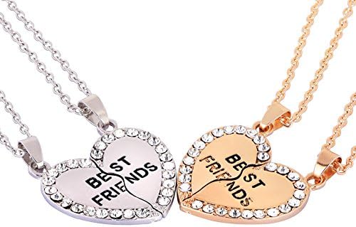 Best Friend Rhinestone Silver Heart Pendant Necklaces BFF Friendship Necklace Jewelry Gift Set of 2
