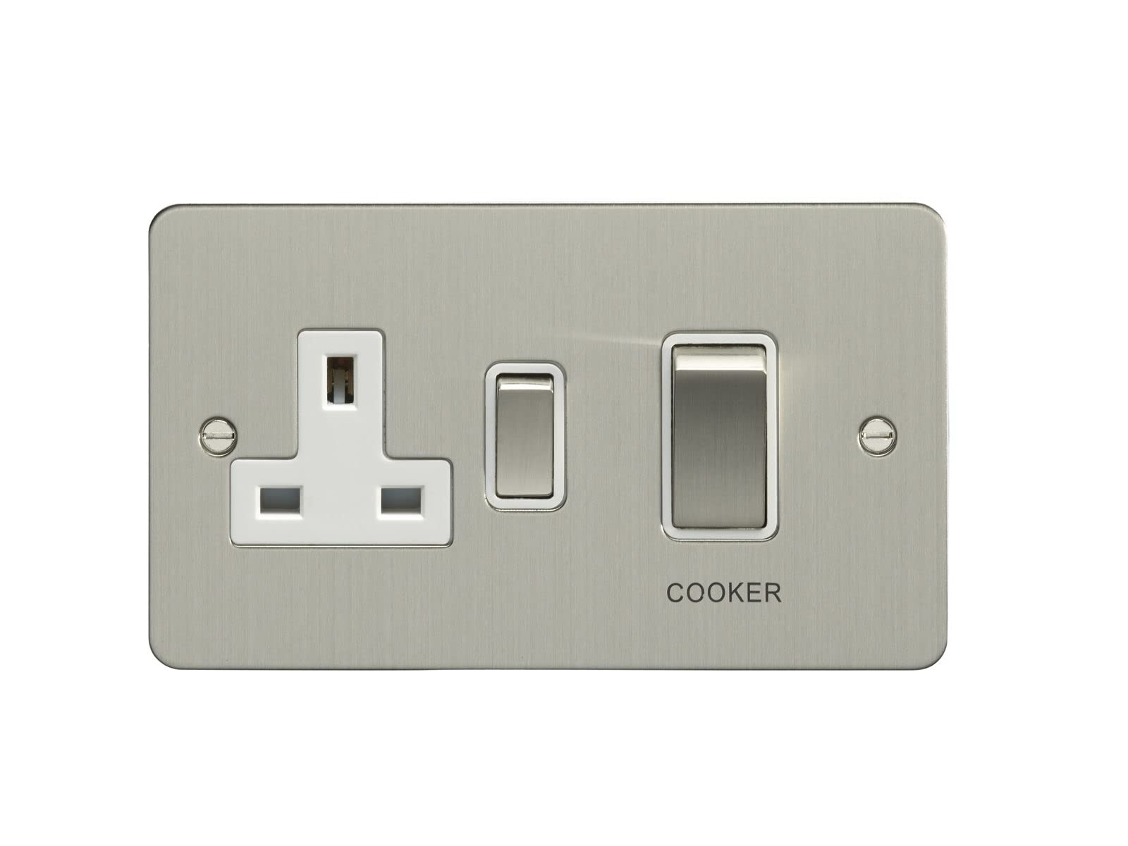Eurolite 45Amp DP Cooker Switch with 13Amp Socket Enhance Flat Satin Stainless Steel Plate Matching Rockers White Trim