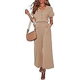 Dokotoo Womens Jumpsuits Dressy Summer Outfits 2025 Casual Short Sleeves Button Down Wide Leg Rompers with Pockets