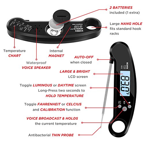 Digital Meat Thermometer- Top Waterproof Instant Read Thermometer with Talking Function, Backlight, Calibration, and Magnet. Super Fast Food Thermometer for Kitchen, Cooking BBQ, Grill! - Thumbnail 2