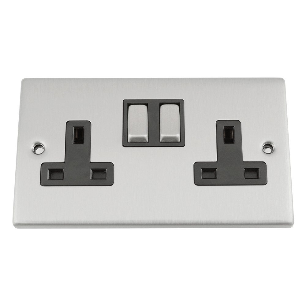 Double Plug Socket 2 Gang - Satin Chrome - Square - Black - Metal Rocker Switch - 13 Amp