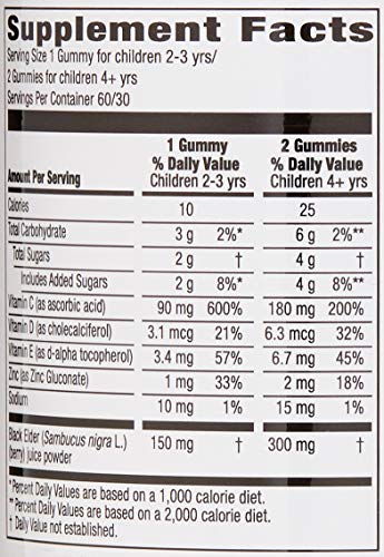 AMAZON BRAND – MAMA BEAR, VEGETARIAN KIDS BLACK ELDERBERRY GUMMIES 300 MG WITH VITAMINS C, D, E AND ZINC – IMMUNE SYSTEM SUPPORT – 60 GUMMIES (1 TO 2 MONTH SUPPLY), NON-GMO, GLUTEN FREE