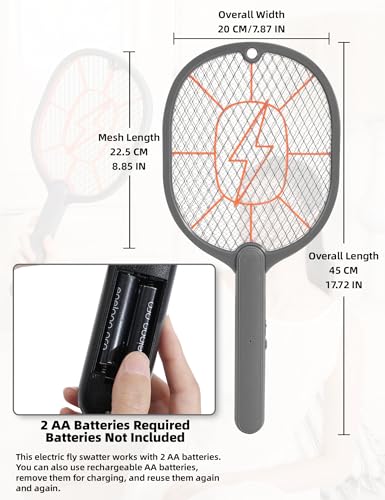 Electric Fly Swatter 2 Pack (Black & Gray), High-Voltage Bug Zapper Racket for Mosquitoes & Flies, Safe Protective Mesh, Indoor/Outdoor AA Batteries Required, Not Included