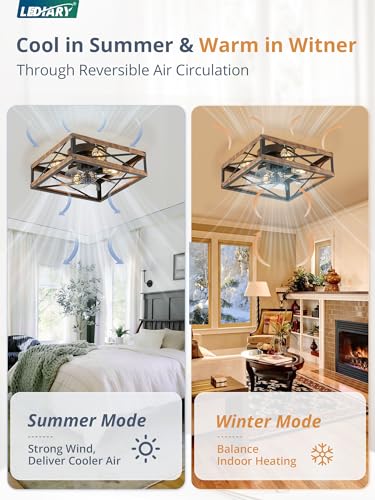 LEDIARY Caged Low Profile Ceiling Fan with Lights and Remote, Rustic Square Flush Mount, 6 Speed and Reversible, Small Farmhouse Bladeless Ceiling Fan for Bedroom, Kitchen, Dining Room