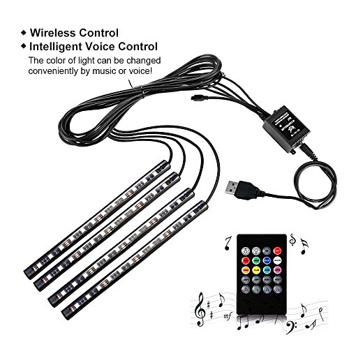 Car LED strip light, RGB 4pcs 48LED Multicolor Music Car Interior Lights Under Dash Lighting waterproof Kit with Sound Active Function and Wireless Remote Control,USB, DC 12V