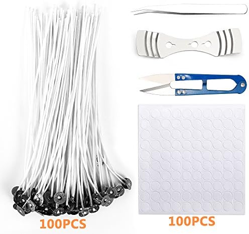 Candle Wicks,100 Piece 8" Cotton Wicks with 100 pcs Candle Wick Stickers, 1 Candle Wick Centering Device, 1 Trimmer, 1 Metal Tweezers, for Candle Making and Soy Wax