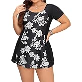 ECUPPER Womens One Piece Swimsuit Plus Size Bathing Suit Short Sleeve Tummy Swimdress Shaping Skirted Swimwear