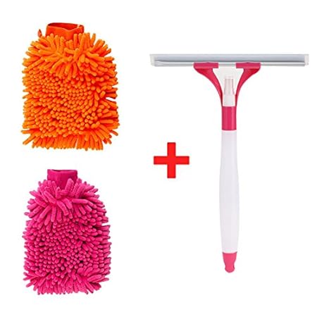 UVA Micro Fiber Gloves for 2 Pcs +Type Cleaning Brush Glass Wiper.(Color as per availiabilty)