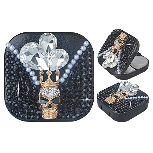 KAKA(TM Fashion Box Kit 3D Handmade Rhinestone Bling Crystal Design Skull Pattern Decorated Black Mini Contact lenses Case