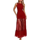 LAGSHIAN Women's Elegant Crew Neck Backless Maxi Dress Sleeveless Back Tie Mesh Evening Long Dresses