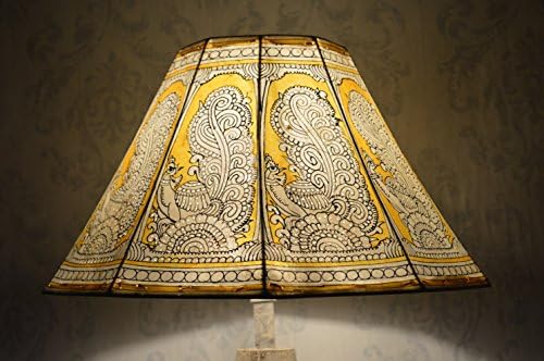 Yellow Floor Lampshade | Hand Painted Large Leather Lamp Shade | Indian Peacock Lampshade in Octagonal Shade - Height: 9.5 and Width: 16 inches