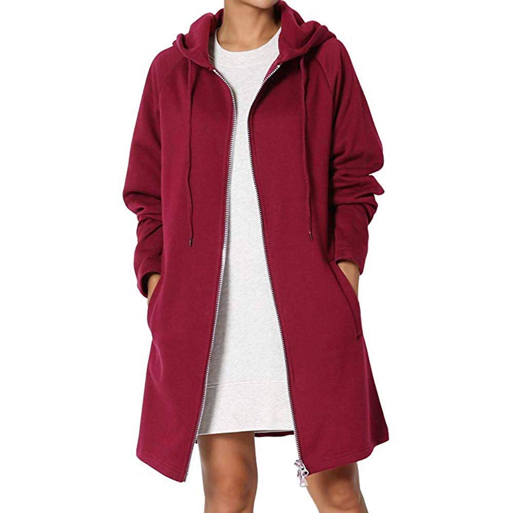 RedBrowm-women Jacket Winter Classic Warm Zip Coat Long Hoodie Loose Sport Outwear