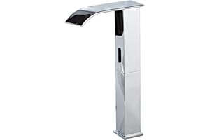 YCCUZA Automatic Sensor Bathroom Vessel Sink Faucet Chrome Electronic Motion Bathroom Faucet Waterfall Square Body Touchless Hands Free Energy Saving Water Tap Dual Powered One Hole Vanity Basin Faucet