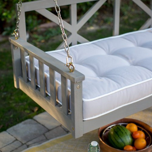 Modern Cottonwood Deep Seating Porch Swing Bed with Cushion Constructed of Eucalyptus Wood in Gray Glaze Finish 64L x 28D x 21H in.