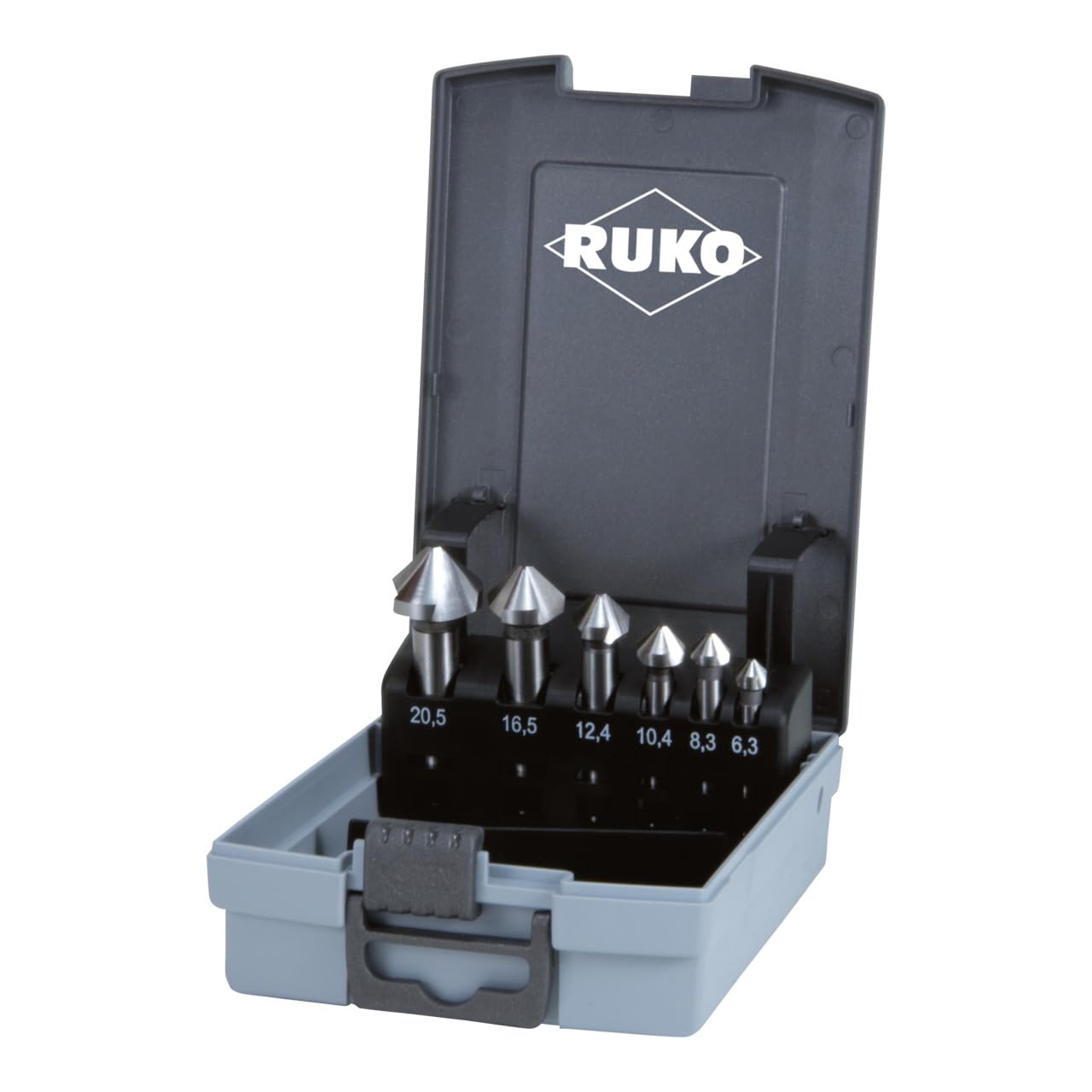 RUKO HSS Taper and Deburring Counter Sinker Set in Steel Case, Din 335, Type C, 90 Degree, Bright Finish, 6 Pieces, R102152