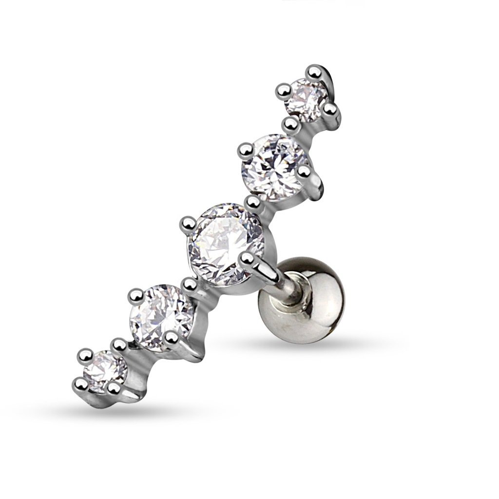 PiercedOff 316L Surgical Steel Cartilage Barbell with 5 Clear CZ Gems Journey Curve - Thickness 16GA (1.2mm) / Length 6mm / Ball Size 4mm / Journey Curve 5mm x 17.5mm