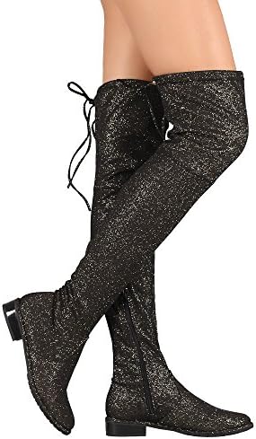 Paris Peach Evanna-1 Women's Stretchy Glitter Drawstring Back Tie Fitted Low Chunky Heel Over The Knee High Boots Gold (11)