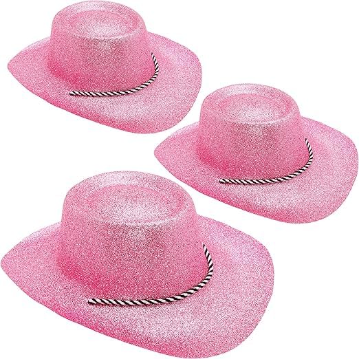 Toyland® Pack of 3-34cm (13") Baby Pink Glitter Cowboy Hats - Festivals, Concerts, Fancy Dress & Hen Do Accessories - 10 Colours Available