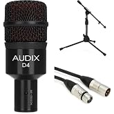 AUDIX D4 Hypercardioid Dynamic Instrument Microphone Bundle &ndash; Includes Microphone, Adjustable Stand, and XLR Cable for Drums, Percussion, Bass Cabinets, and Live Sound Applications