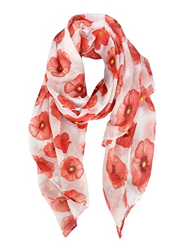 GERINLY - Lightweight Poppy Flower Print Oblong Scarf (White)
