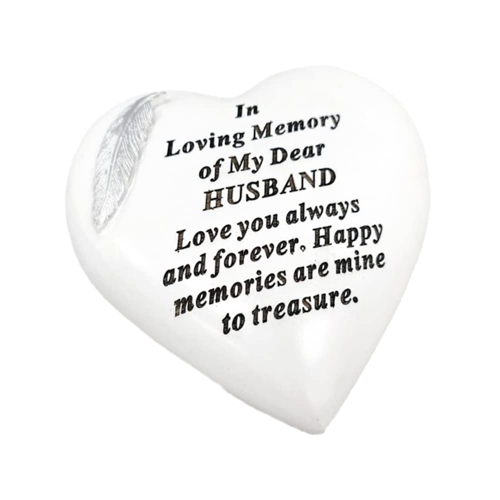 OnlineStreet Memorial Stone Heart Plaques Grave Ornaments - Personalised Grave Decoration White & Silver Plaques with Feather- Outdoor Memorial Plaques 15 x 15cm (Husband)