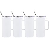 MAIKESUB 4 Pcs Sublimation Blank Skinny Tumbler 16 OZ White Mugs with Handle and Straw Double Wall Stainless Steel Coffee Travel Straight Mug with Sliding Lid
