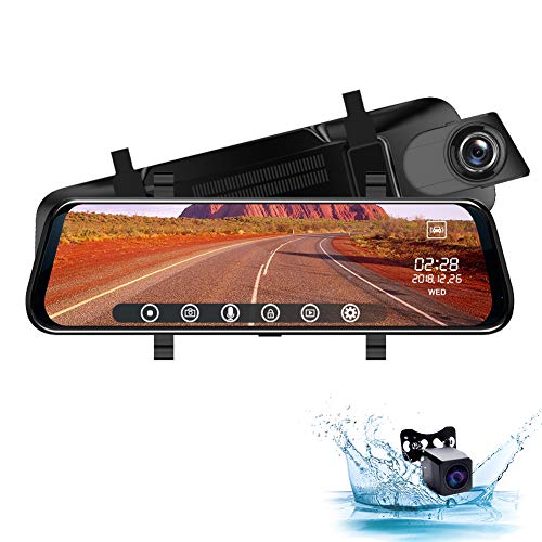 Rear View Mirror Dash Cam 10-Inch 1080P Full HD Touch Screen with 720P 140°Wide Angle Waterproof Rear View Camera, Front Rear Dual Lens Car DVR Driving Recorder, G-Sensor, Loop Recording [YoJetSing]