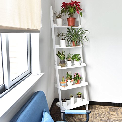 Tangkula Ladder Bookcase 5Tier Wood Leaning Shelf Wall Plant Shelf