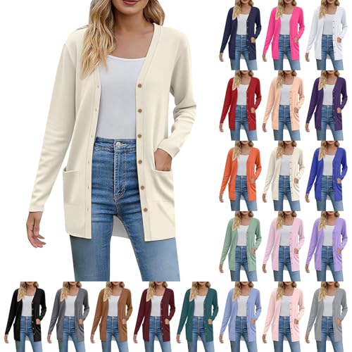 Cardigans for Women UK, Cardigans for Women UK Long Sleeve Button Down Lightweight Knit Shrugs Jumper with Pockets Casual Soft Solid Color Open Front Sweaters L Beige