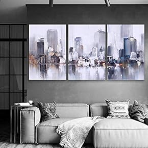3 Plane Canvas Wall Art - Abstract City Oil Painting for Living Room - Modern Home Art Stretched and Framed Ready to Hang - 16"x24" x 3 Panels