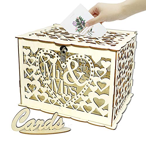Angela&Alex Wedding Card Box, DIY Gift Card Boxes with Lock and Card Sign Wooden Hollow Wedding Money Box Holder for Reception Weddings Baby Showers Birthdays Graduations Party Decorations