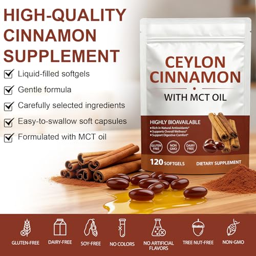 Ceylon Cinnamon Softgels with MCT Oil, High Absorption Formula, Antioxidant Support, Digestive Health Supplement, Cinnamon Supplements for Women & Men, 120 Softgels