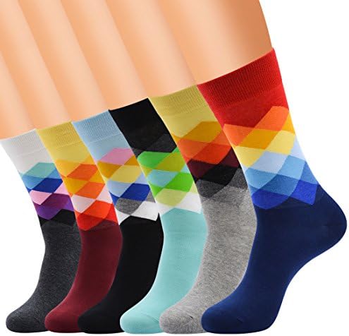 Fun Dress Colorful Socks for Men Cotton Fashion Rhombus Patterned Funky Socks 6 Pack