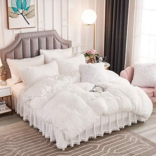 JAUXIO Luxury Long Faux Fur 3 PCS Bedding Set Shaggy Comforter Duvet Cover with Pillow Shams Ultra Soft Crystal Velvet Reverse (Queen, White)