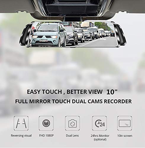 Mirror Dash camï¼ŒTekBow Backup Camera 10" Streaming Media Touch Screen 1080P Rearview Front Rear Dual Lens Waterproof Reversing Camera