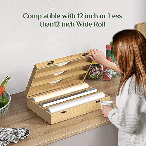 QuMacm Foil and Plastic Wrap Organizer, 3 in 1 Bamboo Plastic Wrap