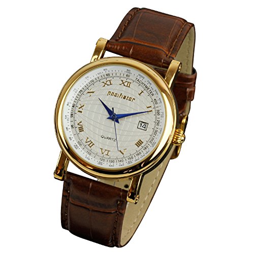 PACIFISTOR Men's Golden Classic Elegant Business Causal Quartz Analog Wrist Watch, Brown Leather Band