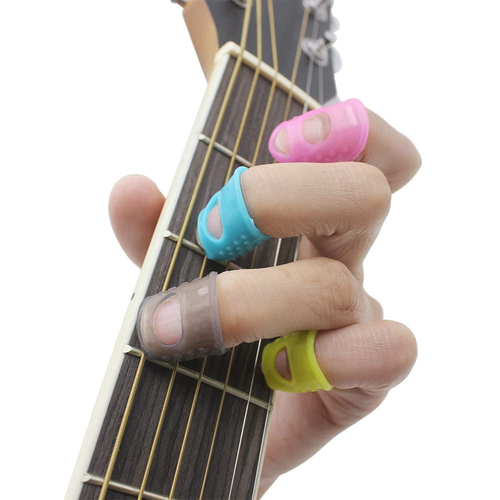 30 Pcs Silicone Guitar Fingertip Protectors 5 Sizes Anti Slip Finger Silicone Guitar Finger Guards Fingertip Protection Covers Caps Guitar Fingertip Protectors(Random Color)