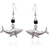 Silver Shark Earrings With Black Wooden Bead for Women Men (Silver Shark)