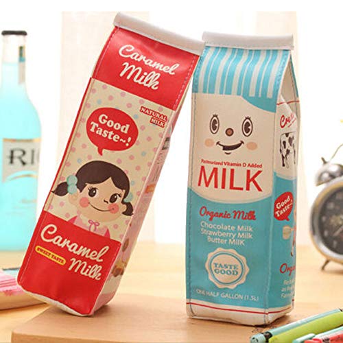 BONTOUJOUR 2 Pcs Cute Milk Box Pattern Pencil Box Crochet Hook Knitting Needle Case Pencil Bag Pocket (1 Red+1 Blue)