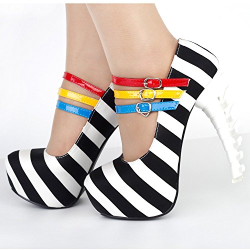 SHOW-STORY-Black-White-Stripe-3-Strap-Platform-Bone-Heel-Mary-Jane-PumpsLF80636