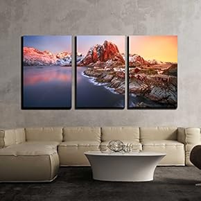 3 Piece Canvas Wall Art - Sunrise Over Hamnoy, Lofoten Islands, Norway - Modern Home Art Stretched and Framed Ready to Hang - 16"x24"x3 Panels