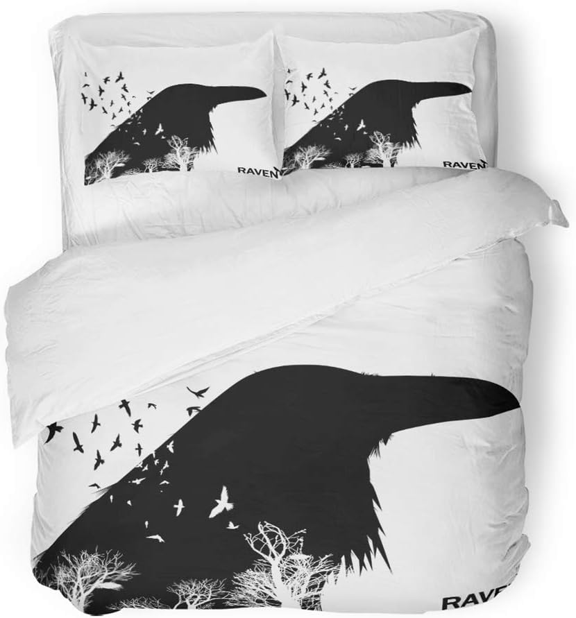 MIGAGA Decor Duvet Cover Set Full/Queen Size Large The White Colored Trees in Bird with Raven Lettering Scary Air Airplane Animal 3 Piece Brushed Microfiber Fabric Print Bedding Set Cover