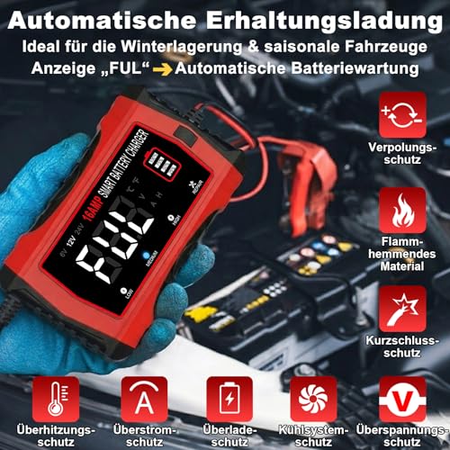 HTRC 16A Car Battery Charger, 6V/12V/24V Battery Charger for Car, Truck, Motorcycle, Lawn Mower, Boat, Marine Batteries, Lithium, LiFePO4, Lead-Acid Charger for AGM, Gel, EFB etc
