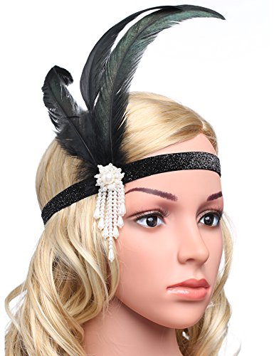 BABEYOND Women's Roaring 20s Feather Headband 1920s Headpiece Hair Band Beaded Headband (White)