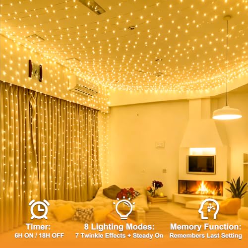 Lichtfam Curtain Lights, 6 x 3 m 600 LED Waterfall Lights with Plug, 8 Modes Decoration Wedding Waterproof Curtain Light for Balcony Garden Party Wall Ceiling Room Indoor Outdoor