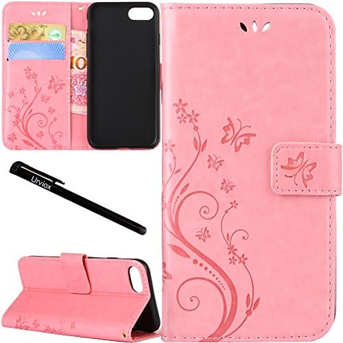 iPhone 6 Plus / iPhone 6S Plus Case, Urvoix Card Holder Stand Smooth Hand Feel PU Leather Wallet Case - Embossed Flower Butterfly Flip Cover for 5.5" Version iPhone6 Plus/6S Plus (NOT for 6) Pink