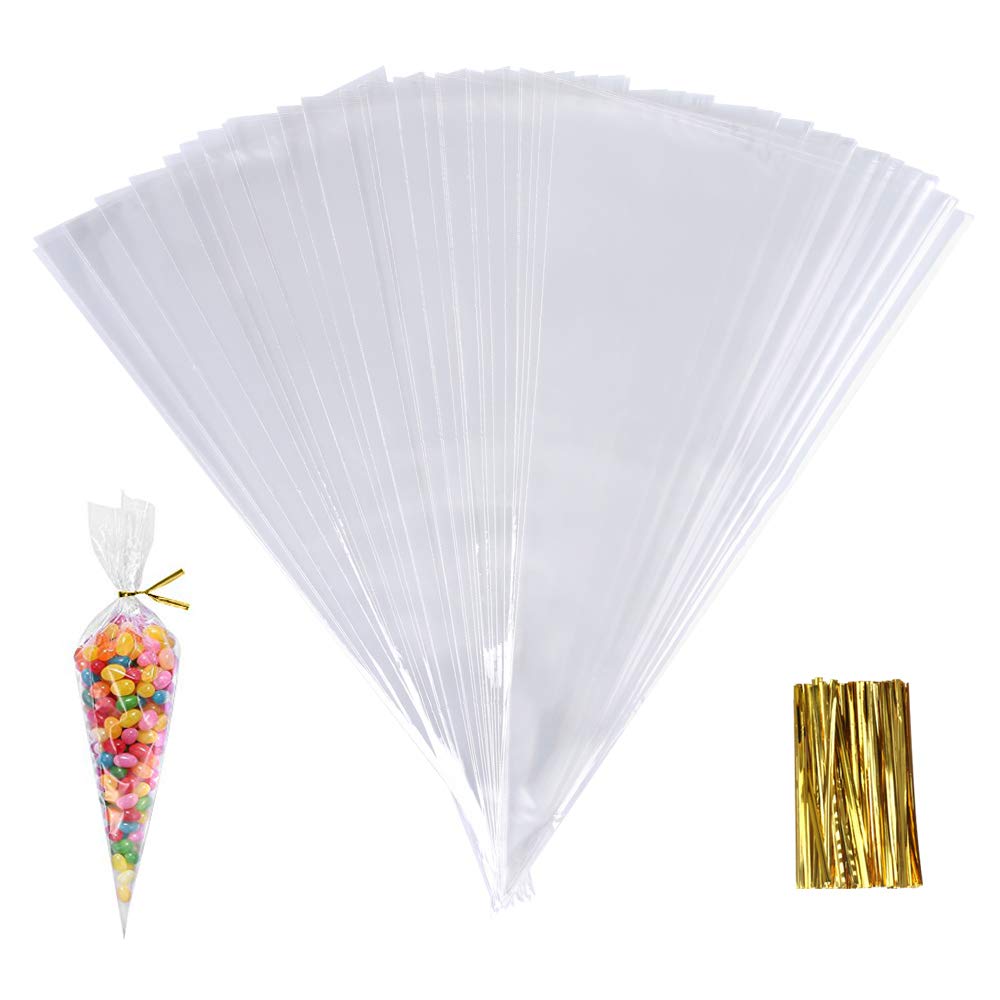 SHOKUTO 100Pcs Cone Bags, 25 x 13cm Clear Cello Treat Bags with Gold Twist Ties, Sweet Transparent Cellophane Bags, Triangle Goody Bag for Party Candy Snacks Chocolates Popcorn Cookies