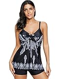 Zando Women Floral Tankini Tummy Control Swimwear Tank Top Retro Printed Swimsuit with Boyshorts Two Piece Bathing Suit